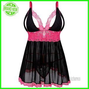 Plus Size Mesh Babydoll Lingerie Set with Adjustable Straps V Neck Chemise